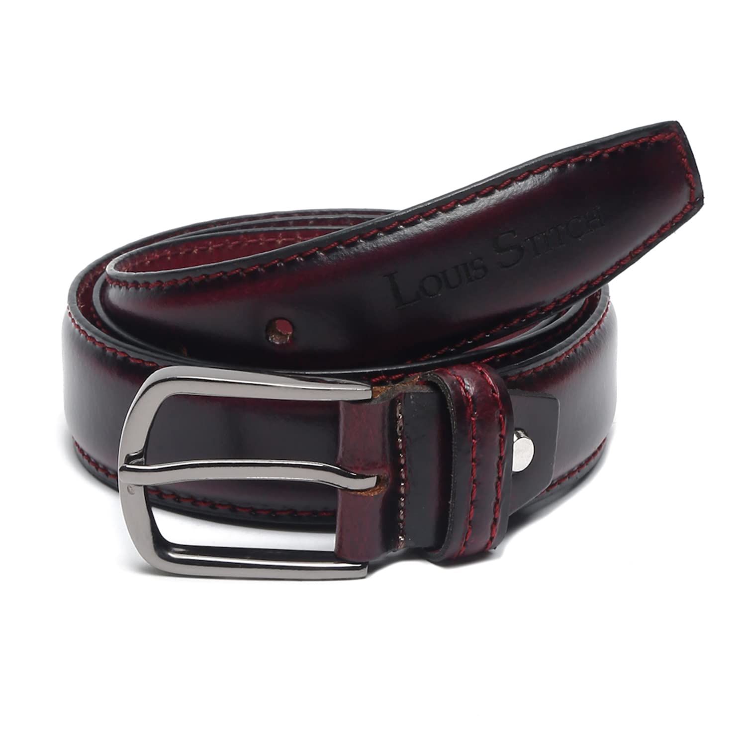LOUIS STITCH Men's Italian Raw Crunch Leather Belt Handcrafted American Style Waist Strap with Glossy Buckle Premium Formal Belts for Men 1.5 Inch (38mm) (HKSW)