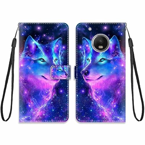 KARTXITAI Hülle Kompatibel mit Motorola Moto G5 Plus,Leder Handyhülle mit Kartenfach Geld Slot Ständer PU Ledertasche Wallet Flip Magnetische Muster Schutzhülle-Wolf,bunt