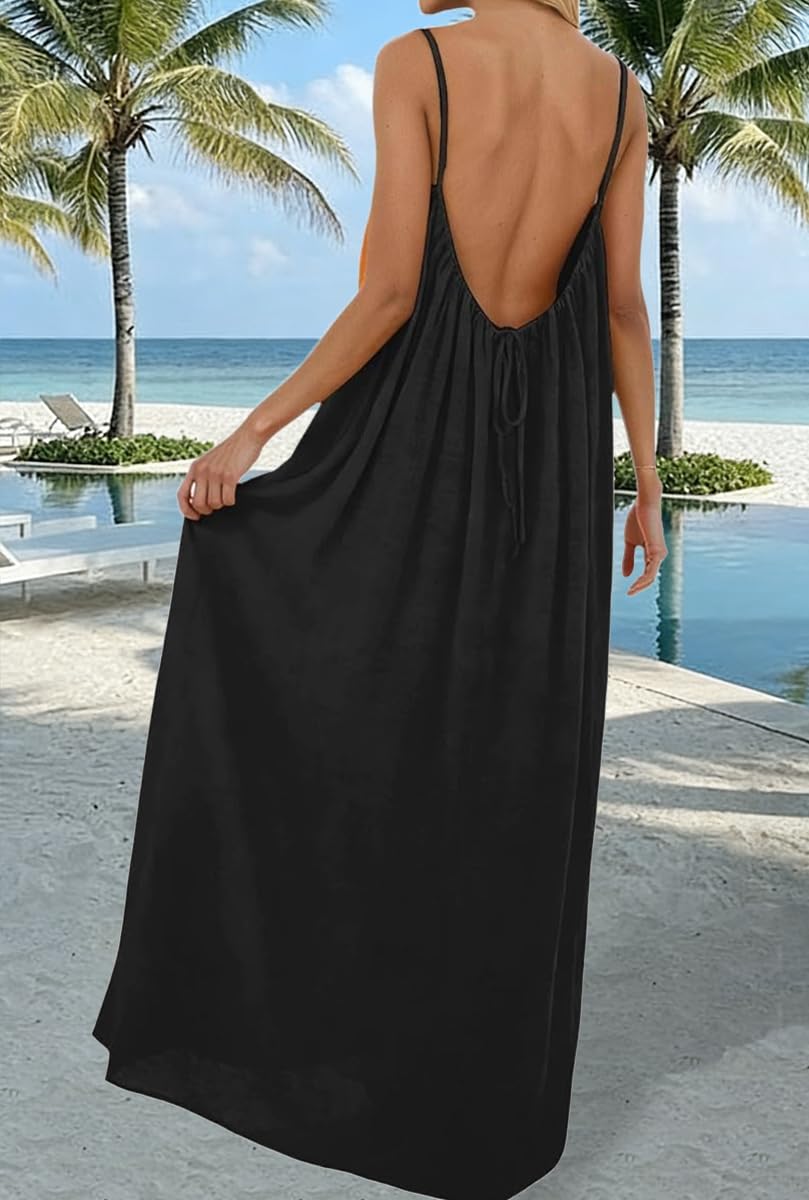 ABINGOO Vestito Estivo Donna Lungo Lino Abito Casual Tinta Unita Senza Maniche Loose Maxi Abiti Senza Schienale con Cordino