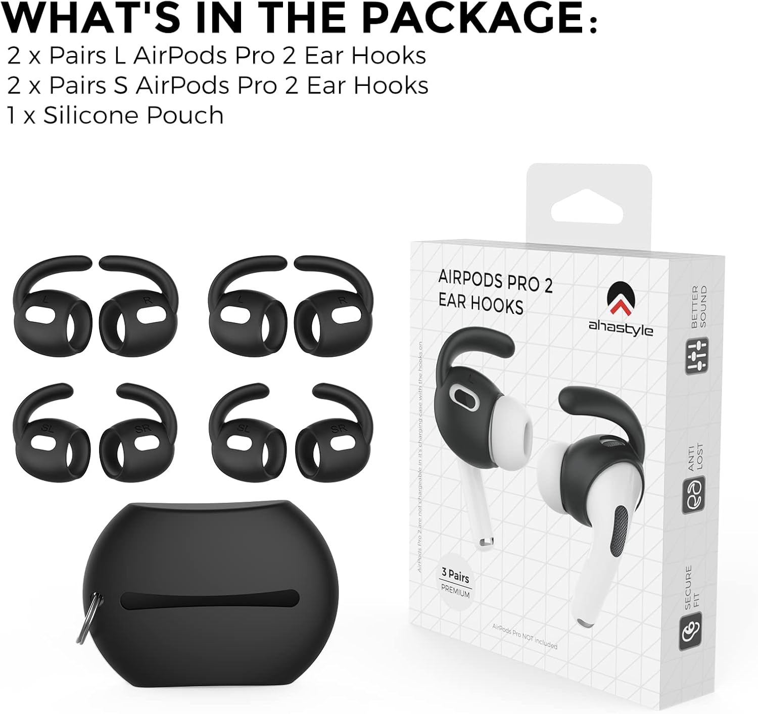 AhaStyle 4 Pairs AirPods Pro 2 Ear Hooks【Added Storage Pouch】 Anti-Slip Ear Covers Silicone Accessories Compatible with Apple AirPods Pro 2nd Generation (2 Large+2 Small, Black) - Image 7
