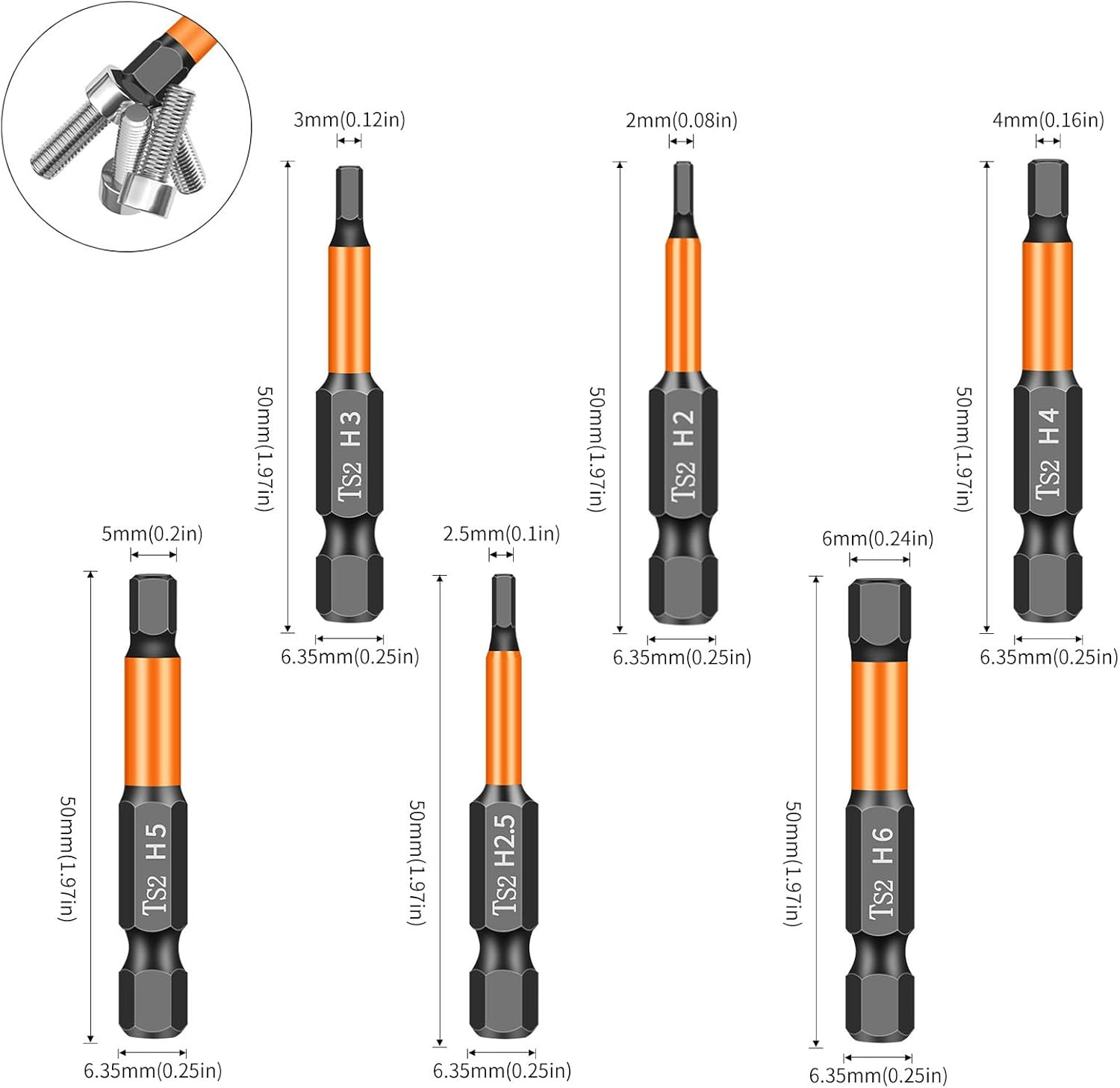 7-Piece Allen-Wrench 1/4 Inch Hex Head Drill Bit Set,Long-Lasting Strong Magnetic Tips Hex Screwdriver, S2 Steel, 2" Long, SAE & Metric Size,Durable Impact Allen Key,Automotive DIY Home Repairs