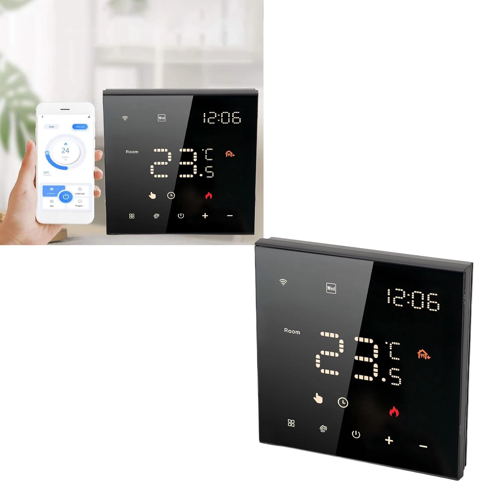 Termostato WiFi con Pantalla Táctil Digital Inteligente para el Hogar 100-250 VCA Control Programable de 7 Días para Interiores Negro (Horno para Colgar en la Pared con calefacción por)