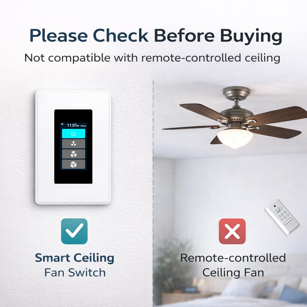LANBON L9 LCD Smart Ceiling Fan Switch, Fan Only or Fan + Light Mode, Custom Fan Speed Control, Quiet Low-Speed Operation, Alexa & Google, Neutral Wire Required, Not for Remote Fans, L9-HF-TY