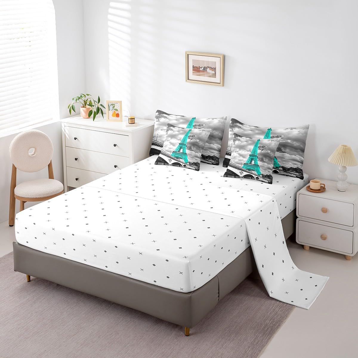 Feelyou Girls Eiffel Tower Comforter Set Full Size 7 Pcs Paris Theme Comforter Bed in a Bag Teal Gray Eiffel Tower Bedding Set for Women Teens Romantic Bed Set with Sheets, Pillowcases, Pillow Covers
