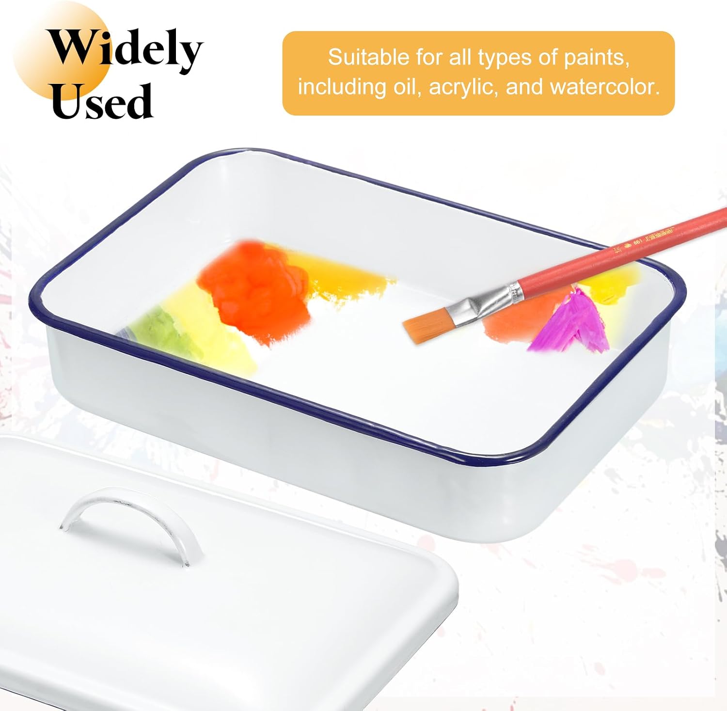 HARFINGTON Butcher Tray Palette 9.4" x 6.3" x 2" (24cm x 16cm x 5cm) Metal Triple Enamel Coated Rectangular Tray Artist Painter Painting Tool with Lid for Art Paint Acrylic Watercolor Mixing