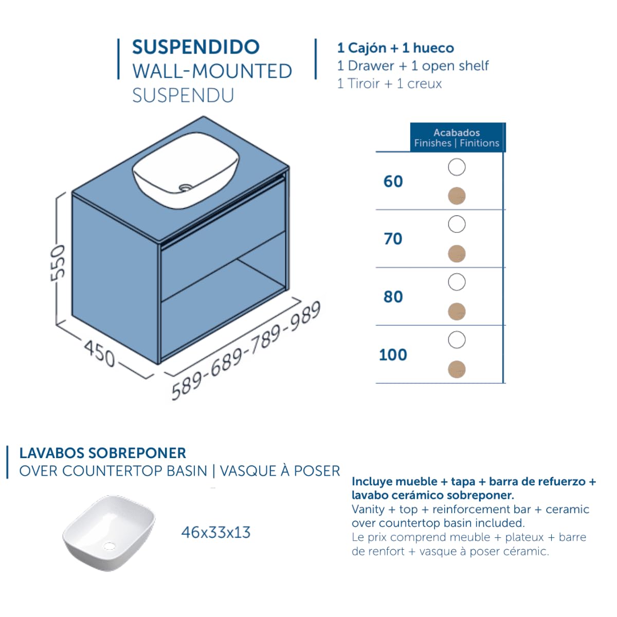 Mueble de Baño Suspendido con Lavabo Sobreponer Cerámico| Mueble Volado 1 Cajón y 1 Hueco | 60 cm Roble Natural
