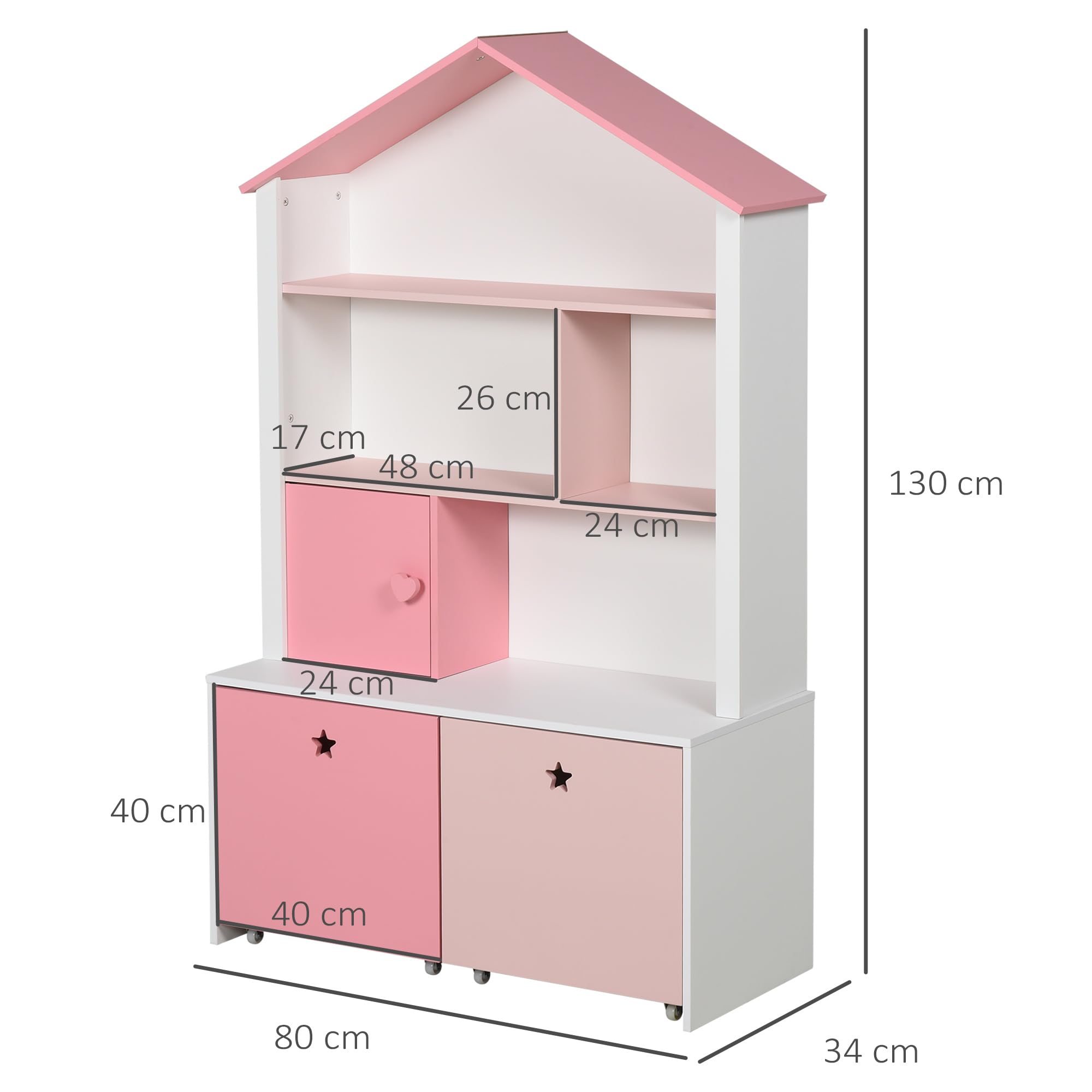HOMCOM Kinderbuchregal aus Holz Kinderbuchregal mit 4 Fächern 1 Tür und 2 herausnehmbaren Schubladen mit Rädern für Bücher Spielzeug 80x34x130 cm Rosa und Weiß