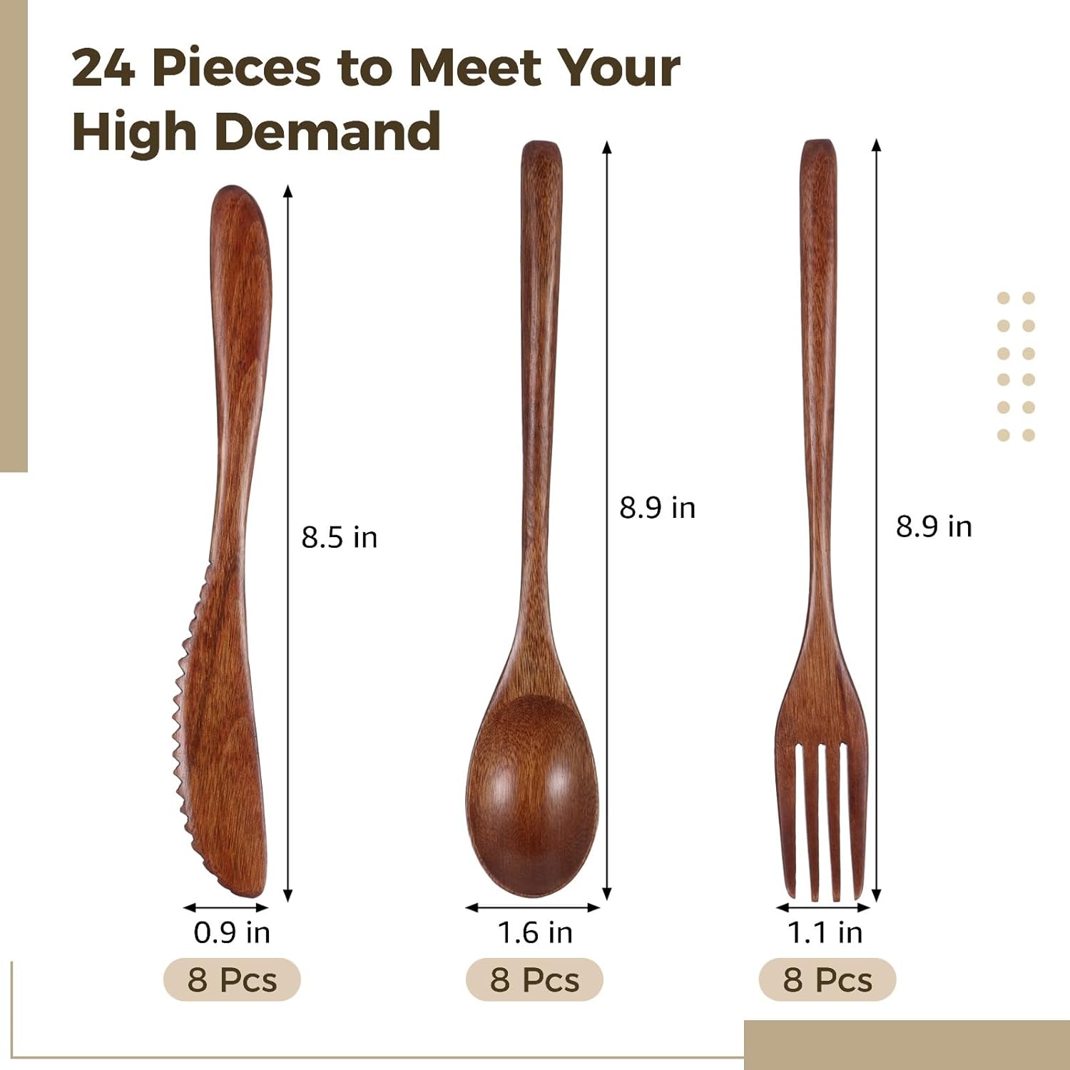 24 Pcs Wooden Utensils for Eating - Wooden Spoon Fork Knife Cutlery Set Reusable Wood Flatware Dinner Tableware Set for Daily Meals, Travel, Camping, Picnic