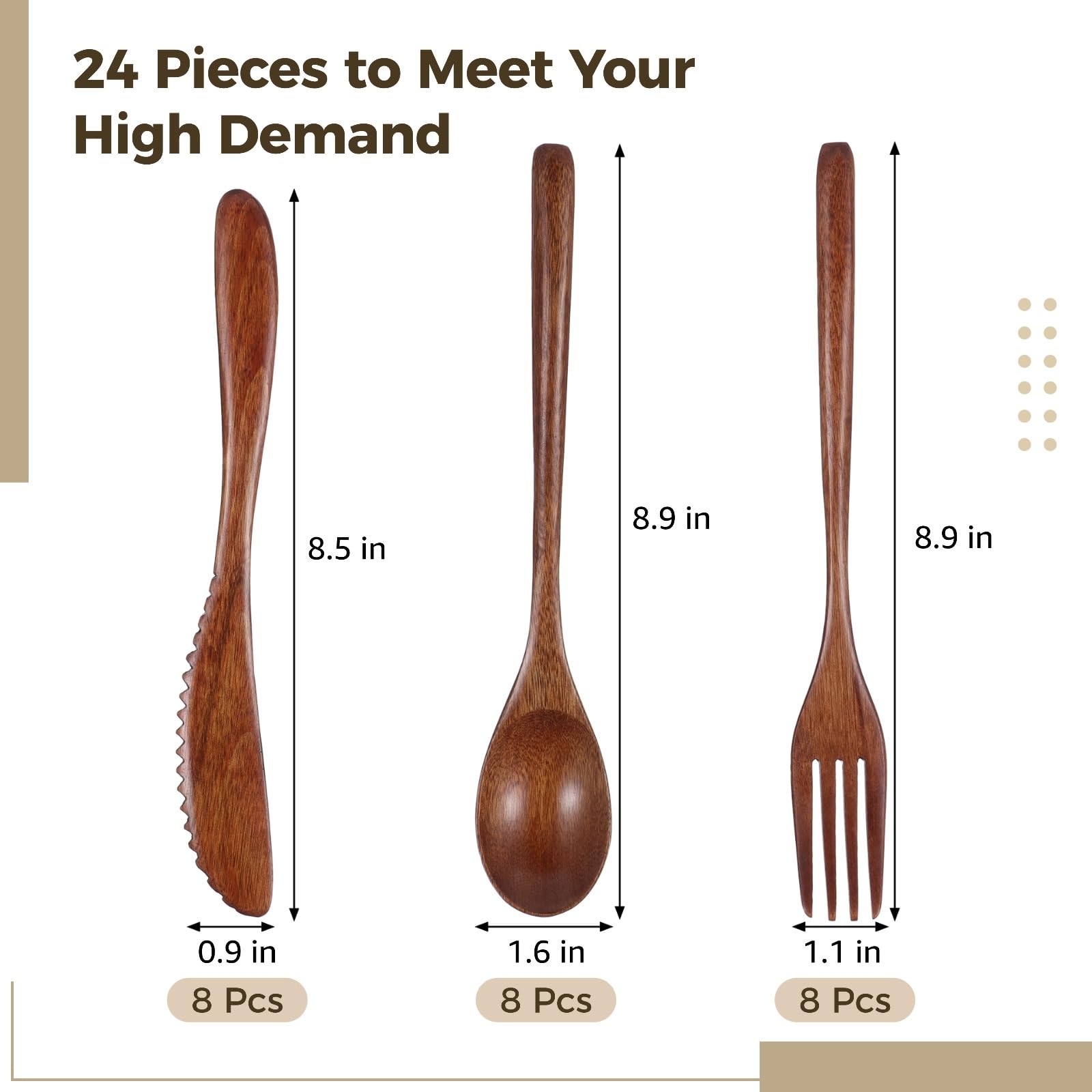 24-teiliges Holzbesteck-Set zum Essen mit Holzlöffel, Gabel und Messer, 22,5 cm lange Griffe, tragbares, leichtes Tischbesteck aus Phoebe-Nanmu-Holz, wiederverwendbar für Camping und Picknick