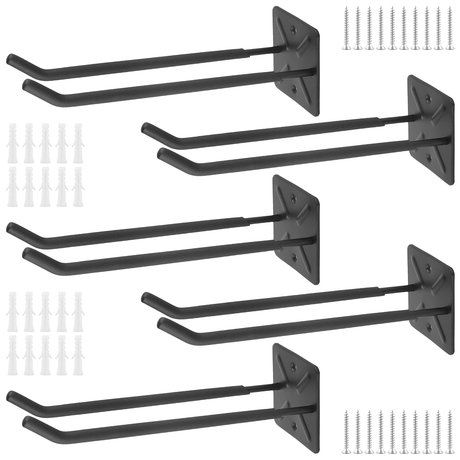 5 Ganci da Garage da Parete, Doppio Gancio, Nero, 31,5 x 10,5 x 10 cm