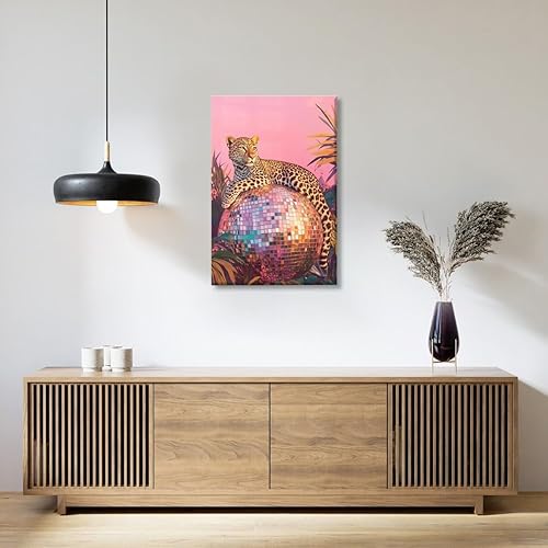Miniatura 6 de Divertido póster de bola de discoteca y leopardo, arte botánico para pared, diseño de animales humorísticos, impresiones en lienzo para oficina,