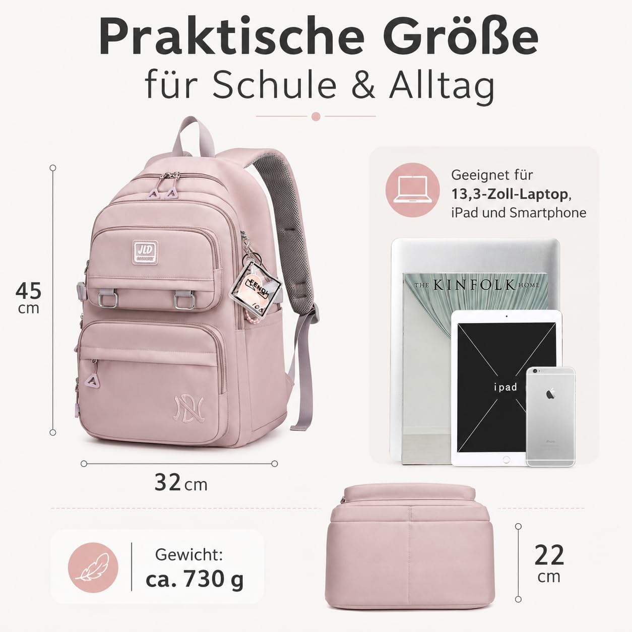 JANSBEN Sac à Dos Cartables Enfant Garcon Fille Sacs Scolaires étanche Nylon Backpack Multi-Poches 30L