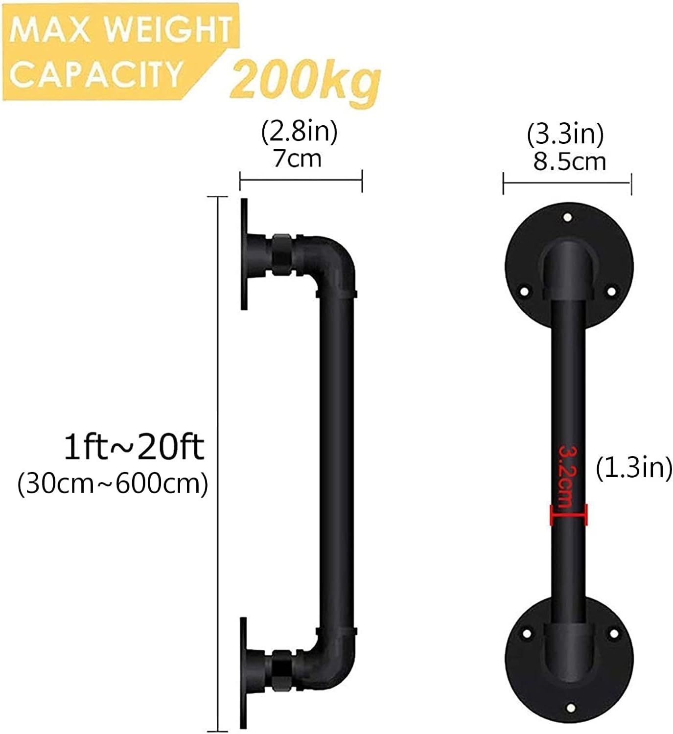 Black Wrought Iron Stair Banister Handrail Non-Slip Staircase Hand Rails, Elderly Kids Indoor and Outdoor Villa Loft Hospital Access Corridor Railings (Size : 1ft/30cm)