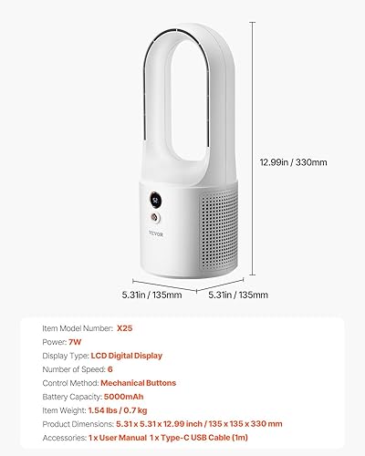 Miniatura 7 de VEVOR Ventilador de escritorio sin aspas, ventilador de escritorio portátil de 12.99 pulgadas, ventilador de torre pequeña de enfriamiento