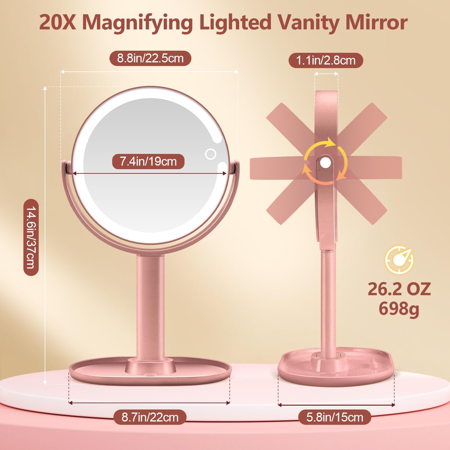 MIYADIVA Makeup Mirror with Lights,20X Magnifying Mirror with Light and Touch Switch, 2-Sided Vanity Mirror with 3 Colors and 80 LEDs, Metallic Rose Gold