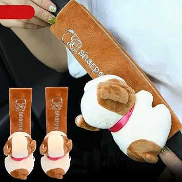 ZOSTLAND 2Pcs Car Seat Belt Pad Cover,Lovely Soft Auto Safety Strap Shoulder Pads,Plush Brown Cartoon Dog Doll Seatbelt Cover,Cute Harness Pad,Compatible with All Cars and Backpack2Pcs Dog