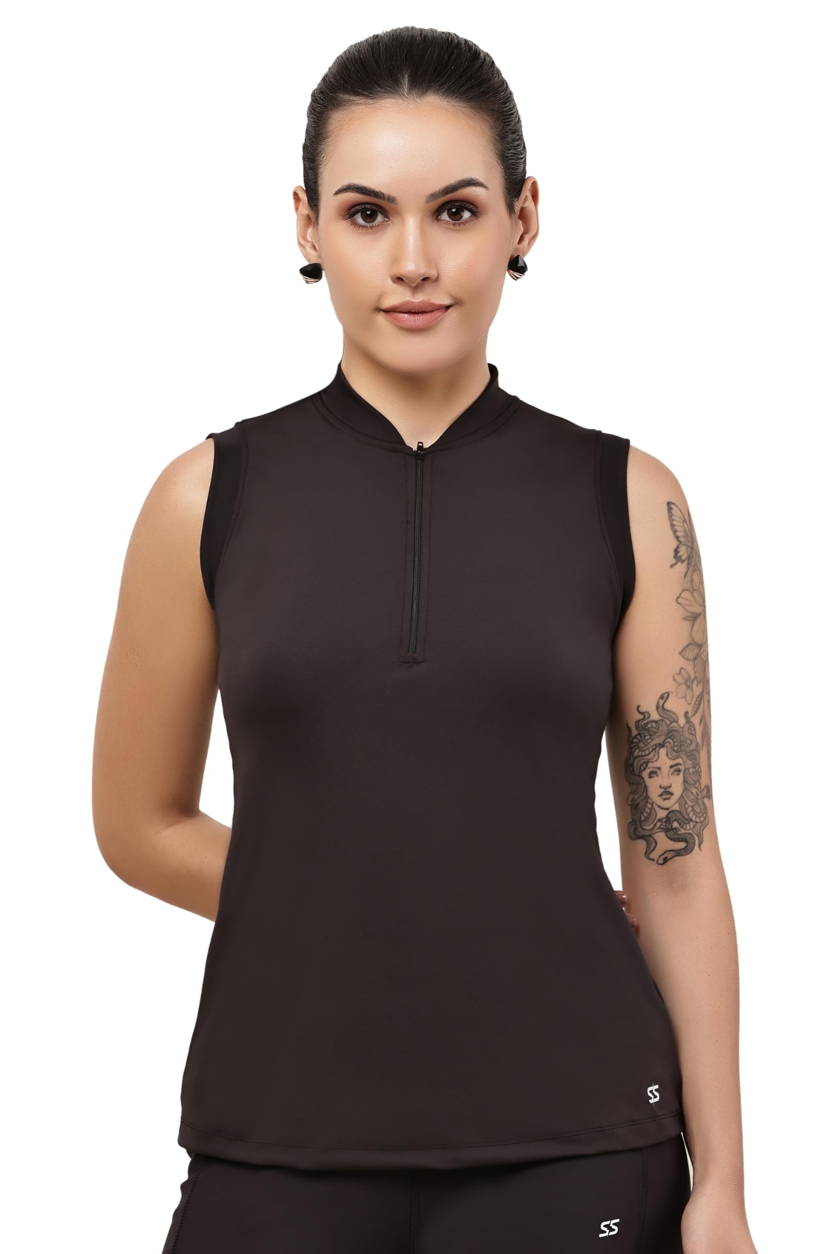 Women's Spandex Blend Sleeveless Neck Zip Front Padded Active Top with Built-in Bra | Stretch Gym, Yoga, summing & Workout Tank-image-19
