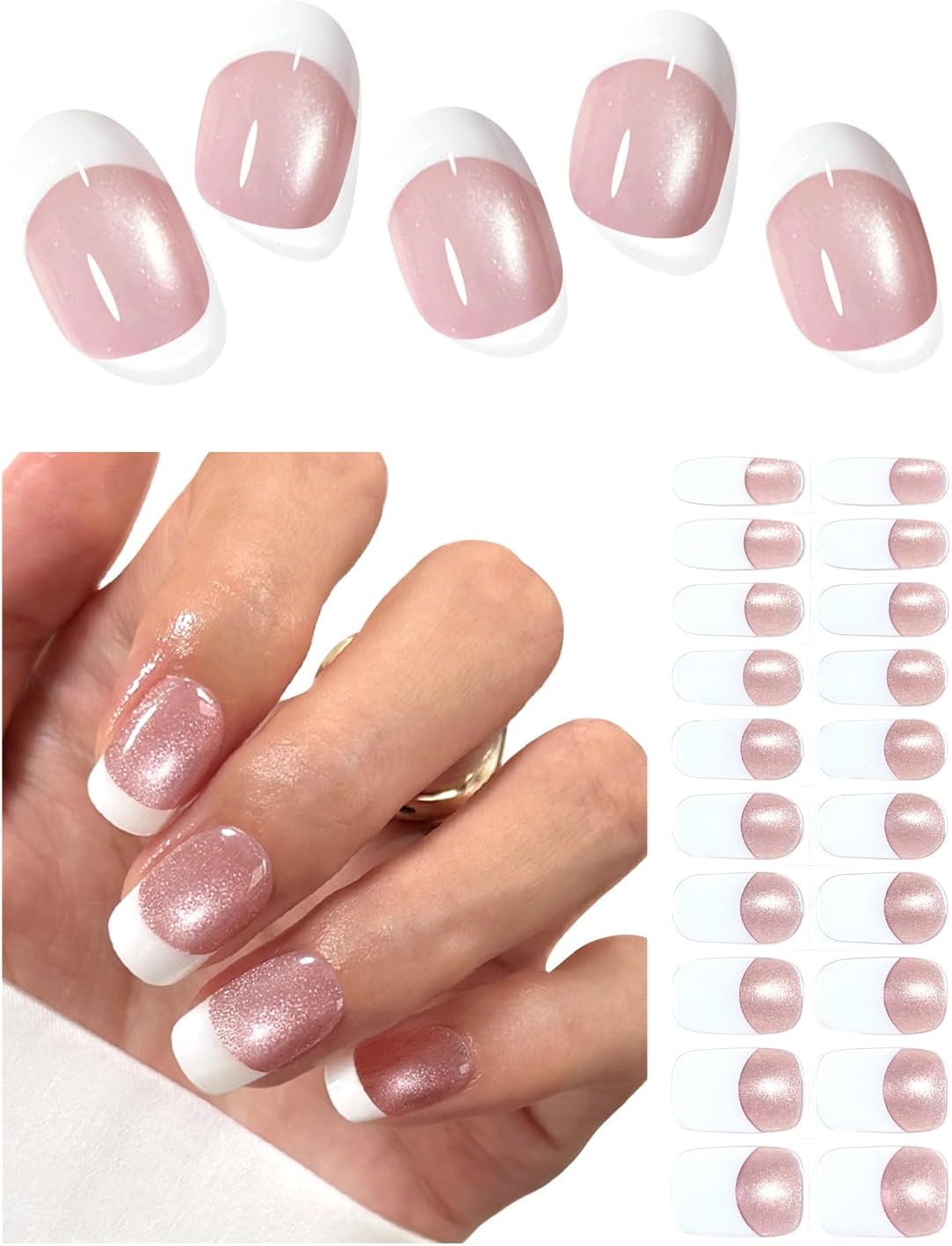 AutyaMee Semi Cured Gel Nail Strips (French Cat Eye), 20 Pcs White French Gel Nail Wraps, Stickers, Salon Quality, Sun-Cured or UV-Cured