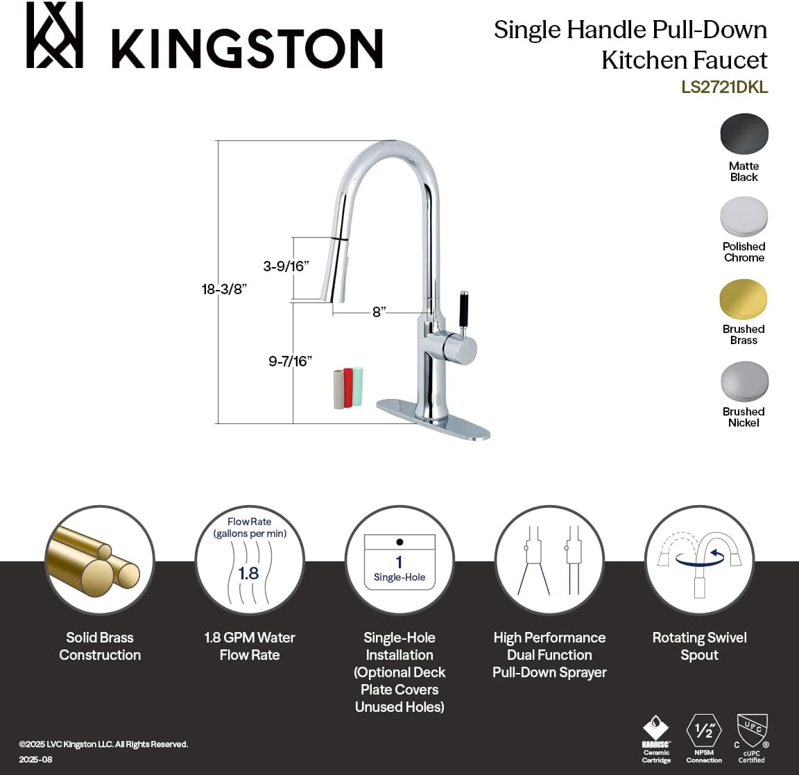 Gourmetier LS2728DKL Kaiser Single-Handle Pull-Down Kitchen Faucet, Brushed Nickel