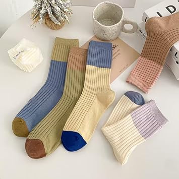 3/5 Pair Warm Casual Cotton Mid-Calf Socks Retro Striped Color Matching Cotton Socks-He Crossed