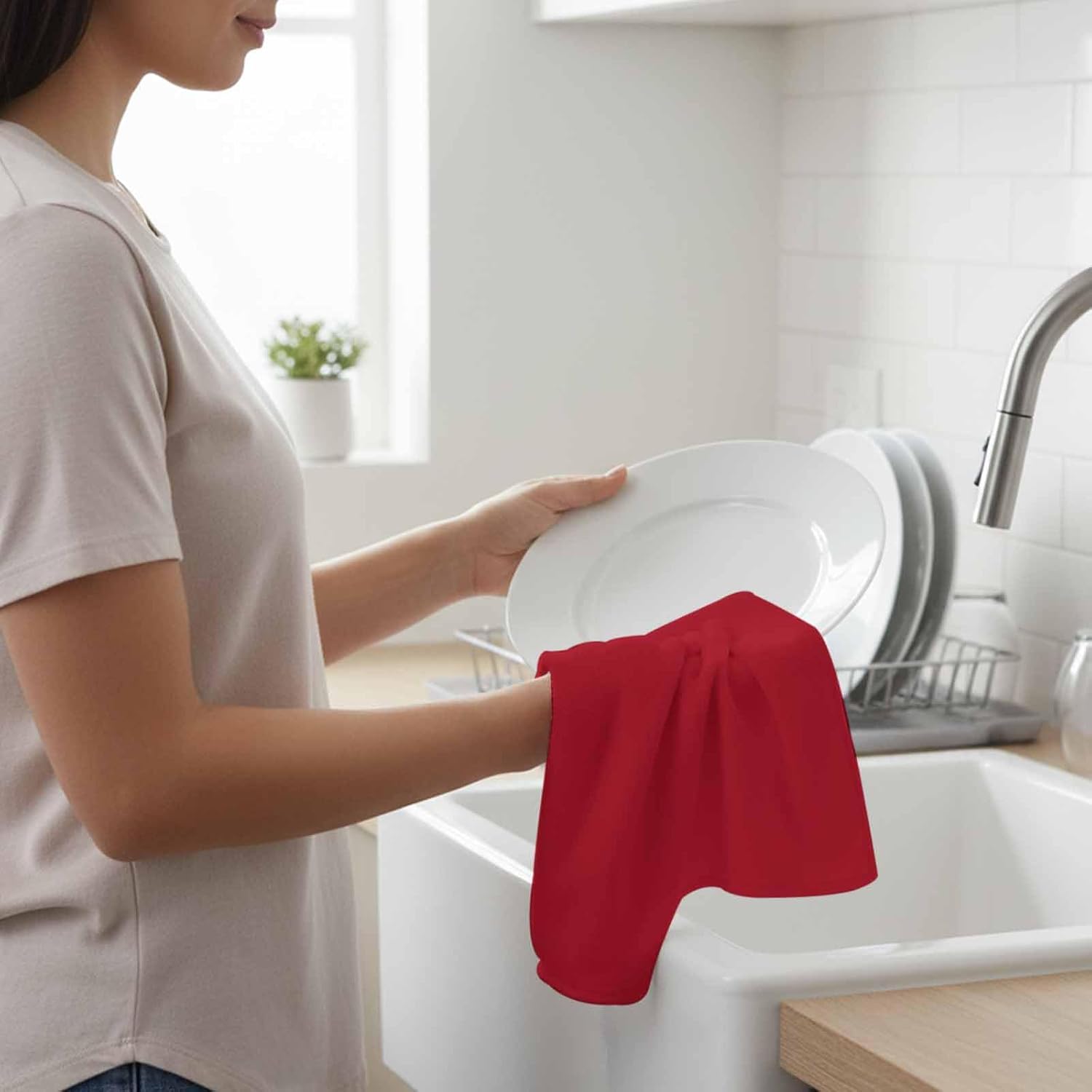 Red Kitchen Towel Solid Color Quick Dry Absorbent Dish Towels Soft Microfiber Cloth Dishcloth for Kitchen Cooking Baking 16 x 24 Inch, 4 Pack