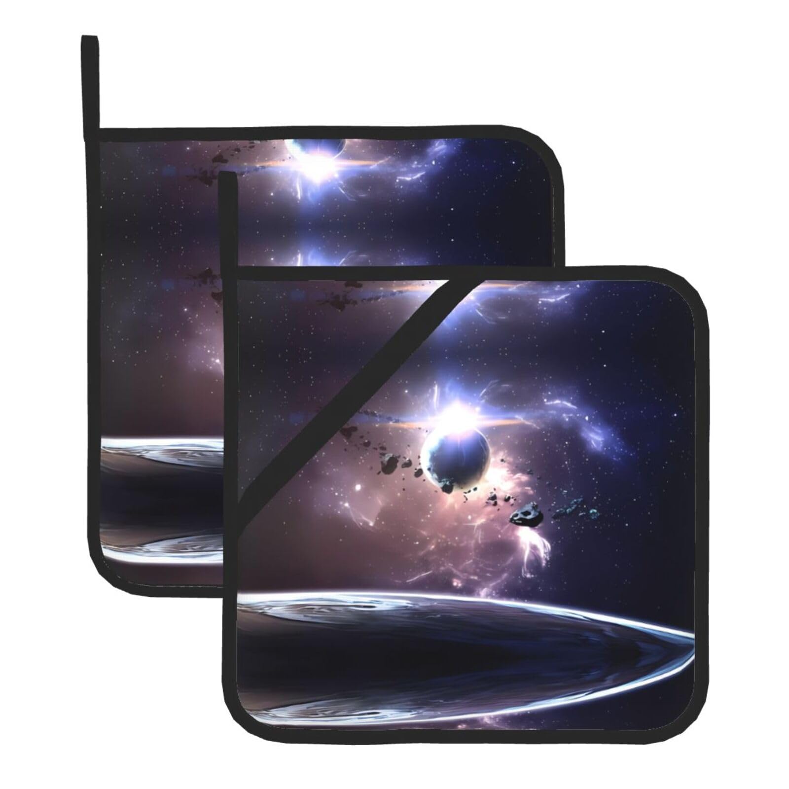 WHJDPP Earth and Moon Prints Square Hot Pads for Kitchen - Waterproof Pot Holders Set of 2, Durable Trivets with Pocket & Hanging Loop for Hot Dishes & Oven Use