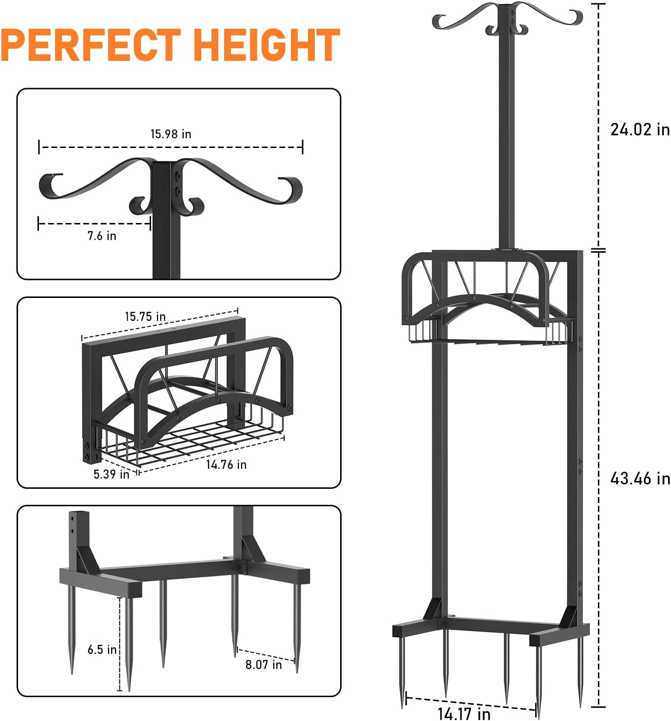 Garden Hose Holder for Outside, Upgraded Heavy Duty Freestanding Water Hose Holder Stand with 5 Spikes, Storage Basket & 2 Shepherd Hooks, Supports Up to 160 FT Hose for Yard Lawn