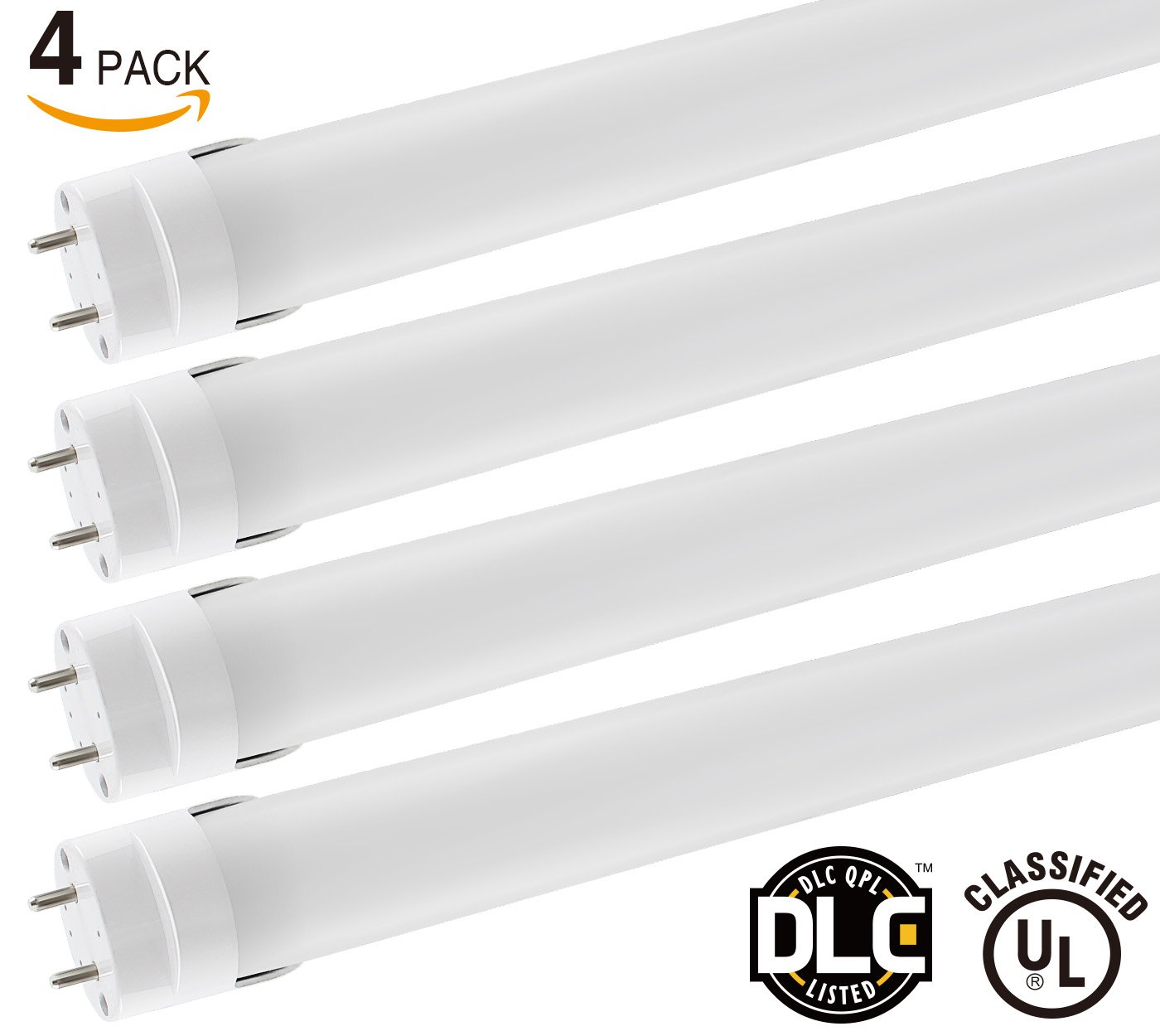 4 Pack 18W 4ft UL & DLC Listed T8 LED Tube Lights (100V-277V AC) - 5000K Daylight 1800LM LED T8 Tube for Office, Commercial, General Lighting, Replacing Traditional Fluorescent Tube