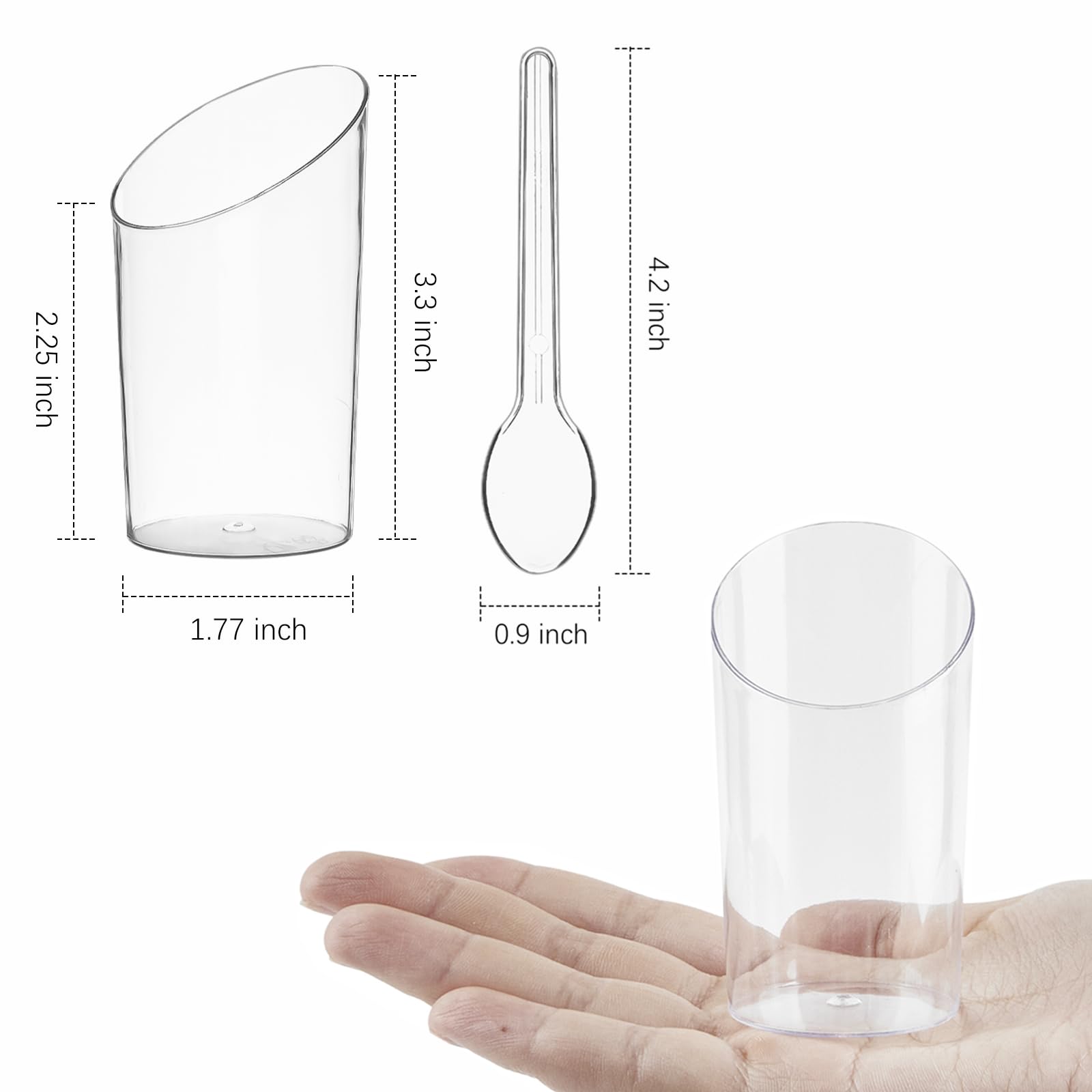 TOFLEN 50 Pack Mini Dessert Cups with Spoons - 2.2 oz Clear Plastic Parfait Cups Reusable Party Serving Cups for Appetizers - Round Slanted Dessert Shot Glasses