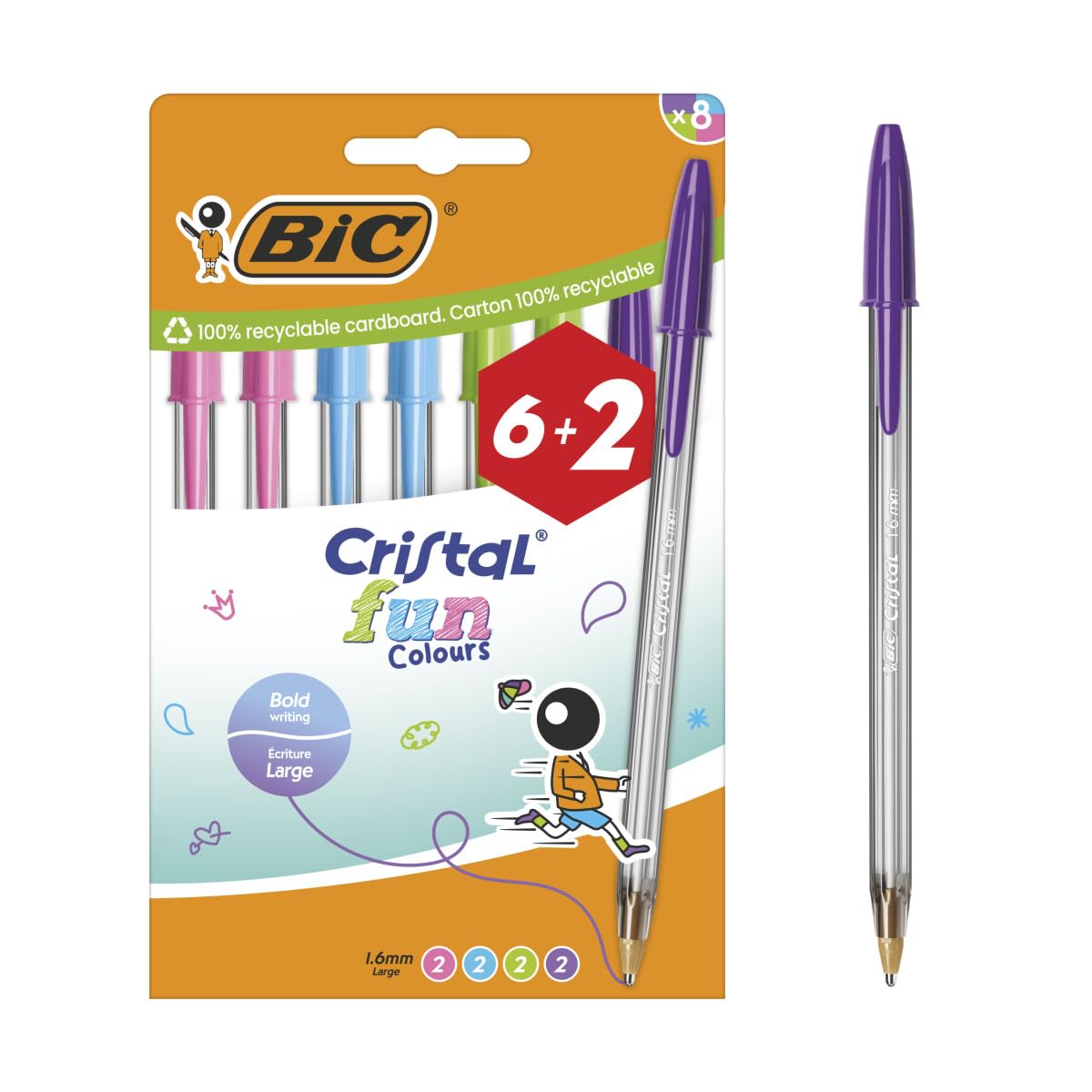 BIC Cristal Fun Colored Pens, Broad Point (1.6mm) - Assorted Colors, Pack of 8 (6+2 Free)