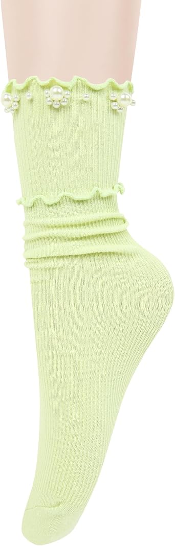 Violet Mist Women Colorful Ruffle Socks with Pearls Cute Lolita Solid Color Frilly Pearl Cotton Socks Fun Gift for Teen Girls