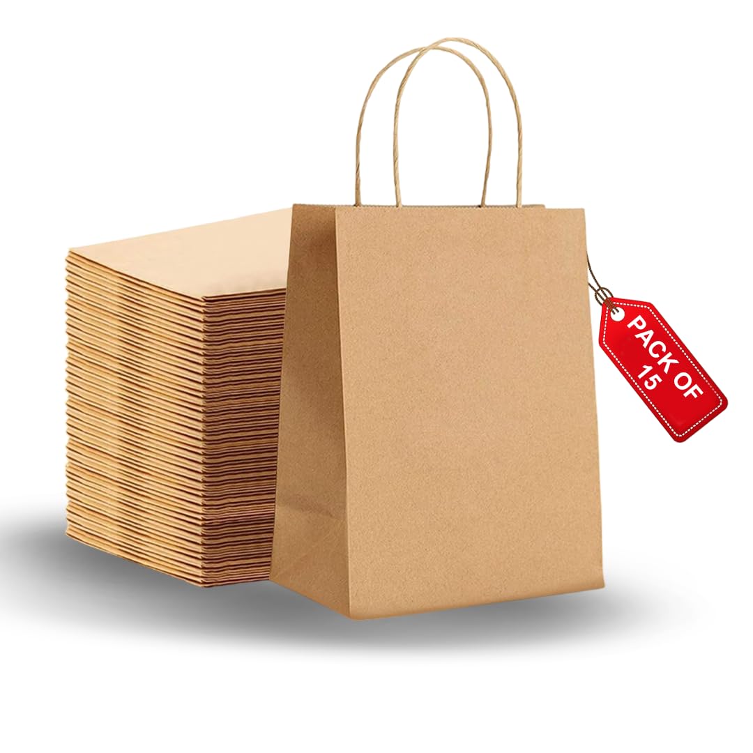 Small Pack of 15 -Brown kraft bags Recyclable brown bags with handles - Flat Bottom for Good Friday - Kraft paper bag Perfect for Easter, Shopping, Grocery, Packaging & Parties (31×21×11 CM)