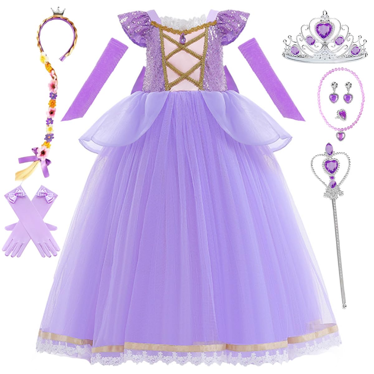 Snyemio Rapunzel Costume Girls Princess Dress Purple Children with Accessories for Carnival Fancy Dress, 6-7 Years(Label 140)