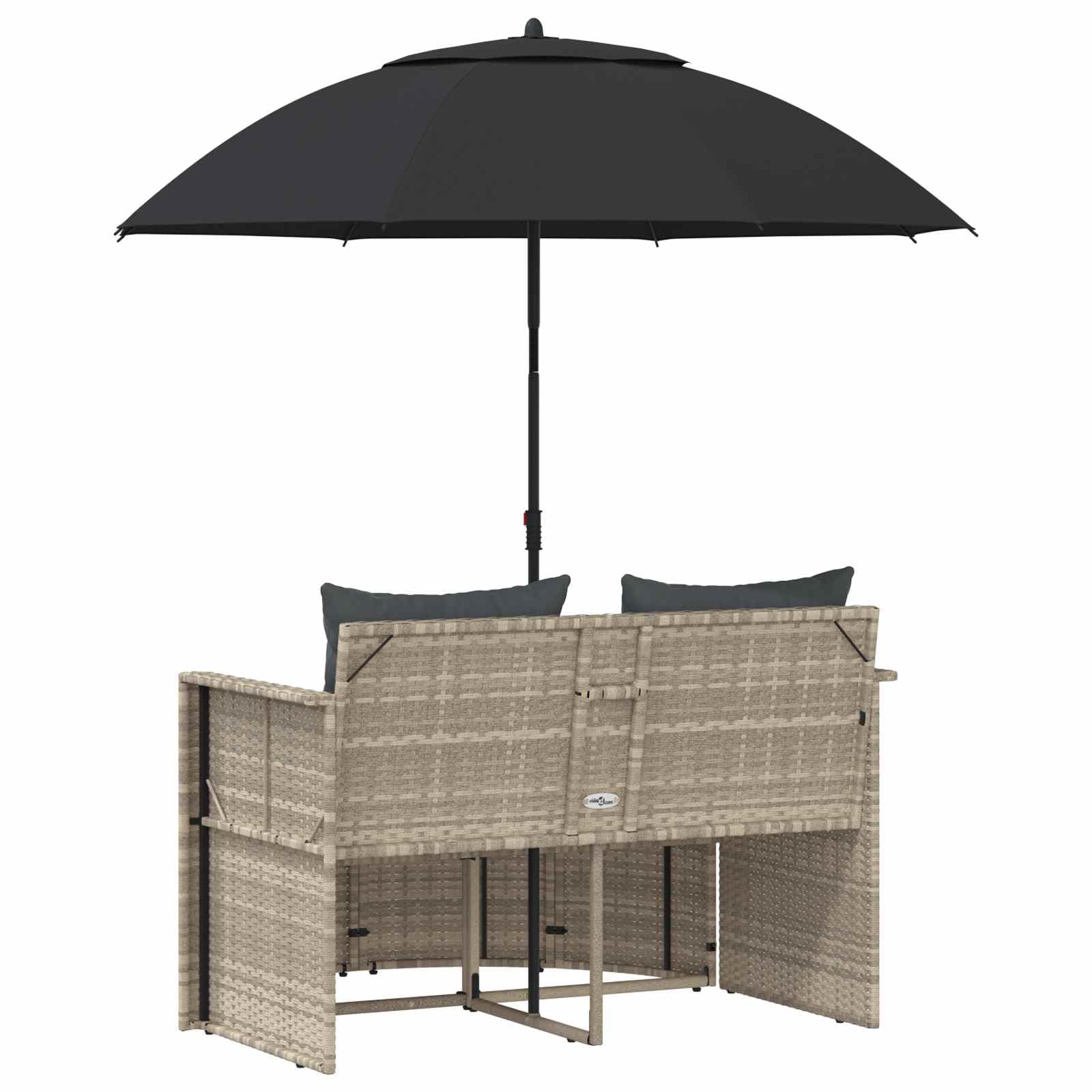 Set divano da giardino con ombrellone in polyrattan grigio | Comodo set lounge a 2 posti con tettuccio parasole inclinabile e sgabello per terrazza, giardino e veranda in grigio chiaro.