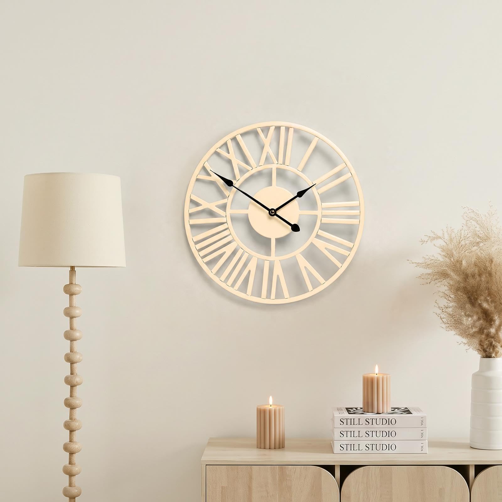 OHS Wall Clock Metal Small Skeleton Clock Roman Numerals 30cm, Cream