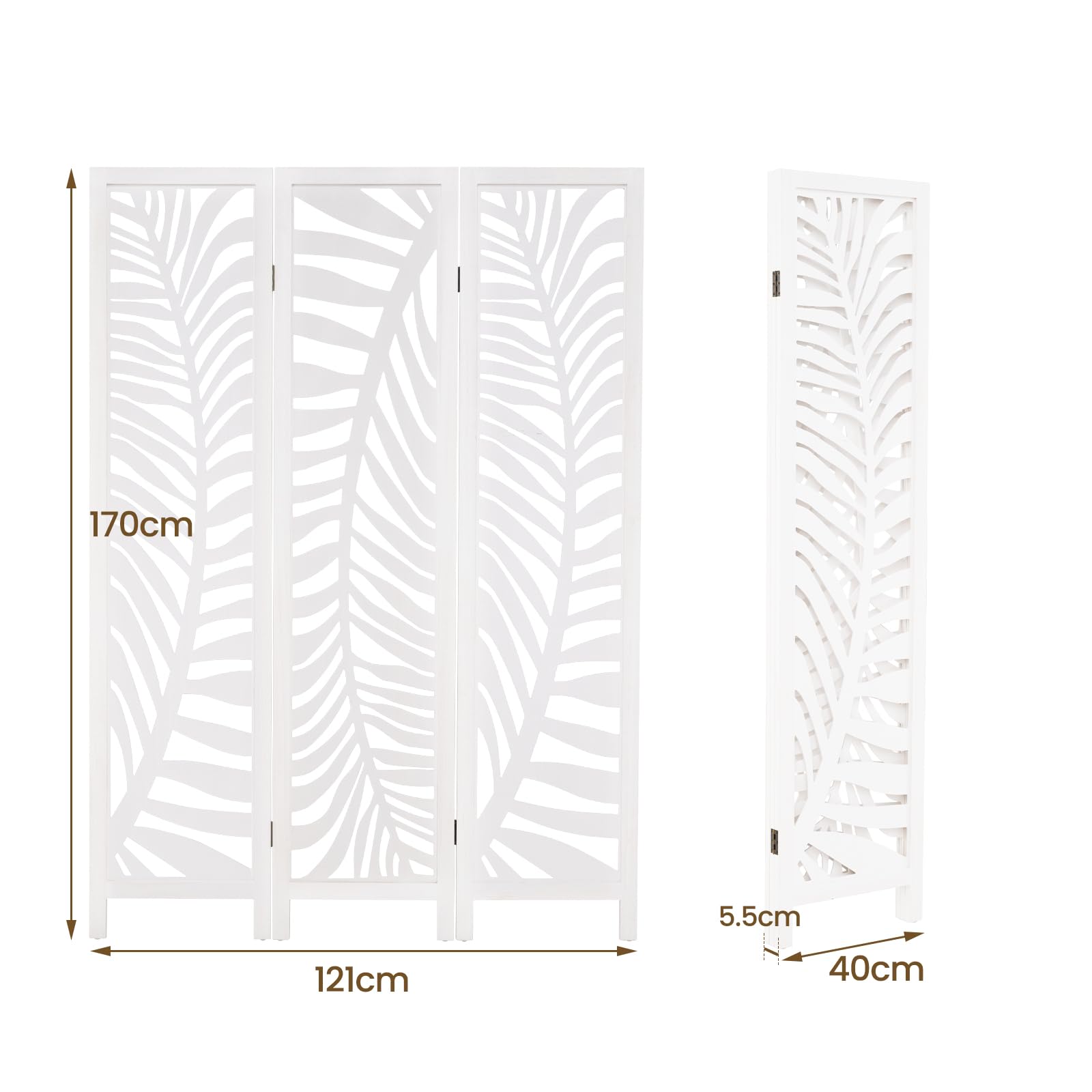 GIANTEX Biombo Plegable de Madera de Paulownia, 3 Paneles, Separador de Privacidad con Patrones Elegantes, 121 x 170 cm, Divisor de Espacios para Salón, Dormitorio, Oficina (Blanco)