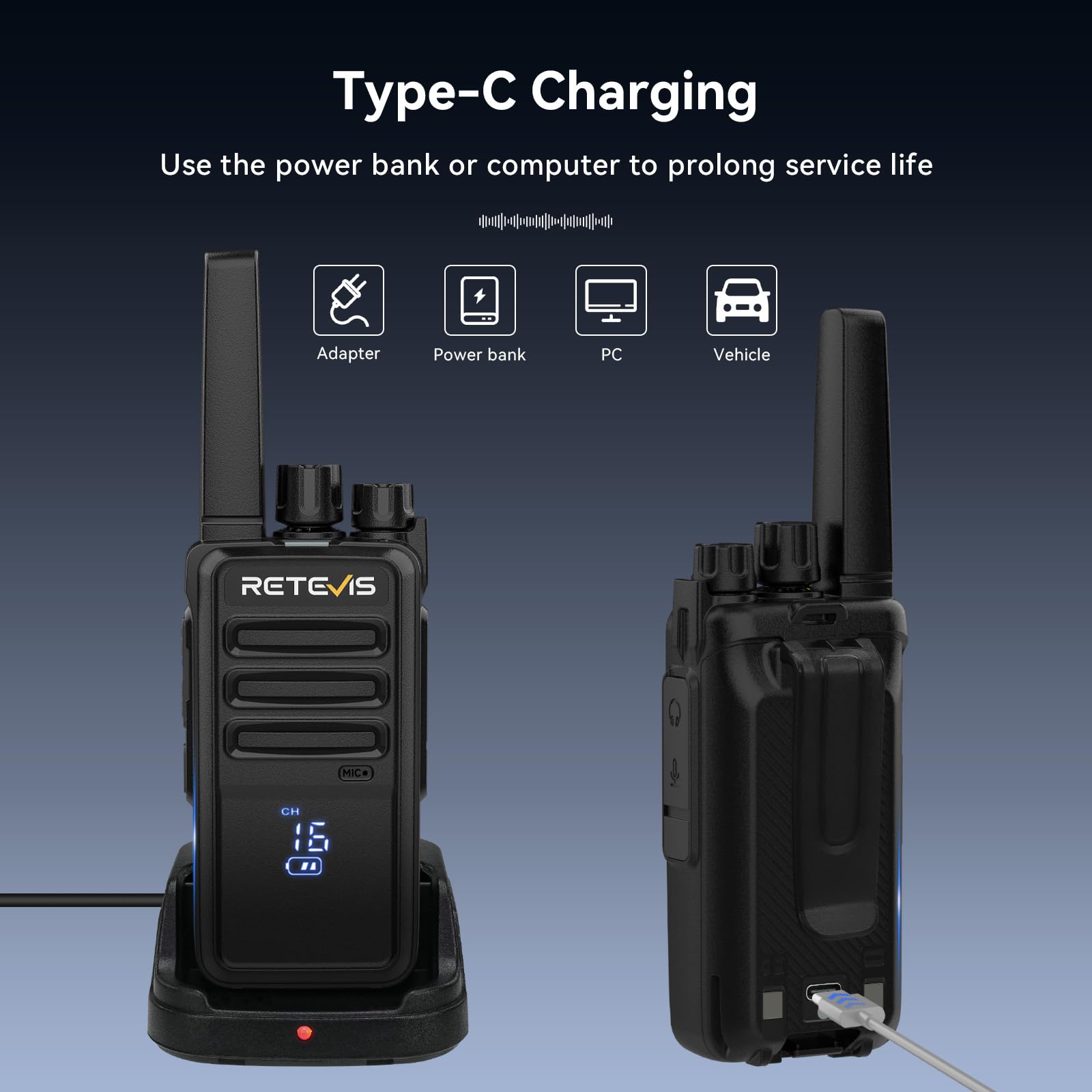 Retevis RT668H Talkie-Walkie, Talkie walkie avec Affichage Caché, Type C 1200mAh VOX, Squelch, Robuste, Talkie Walkie Rechargeable pour Cadeau D'équitation en Famille (2 Pièces, Noir)