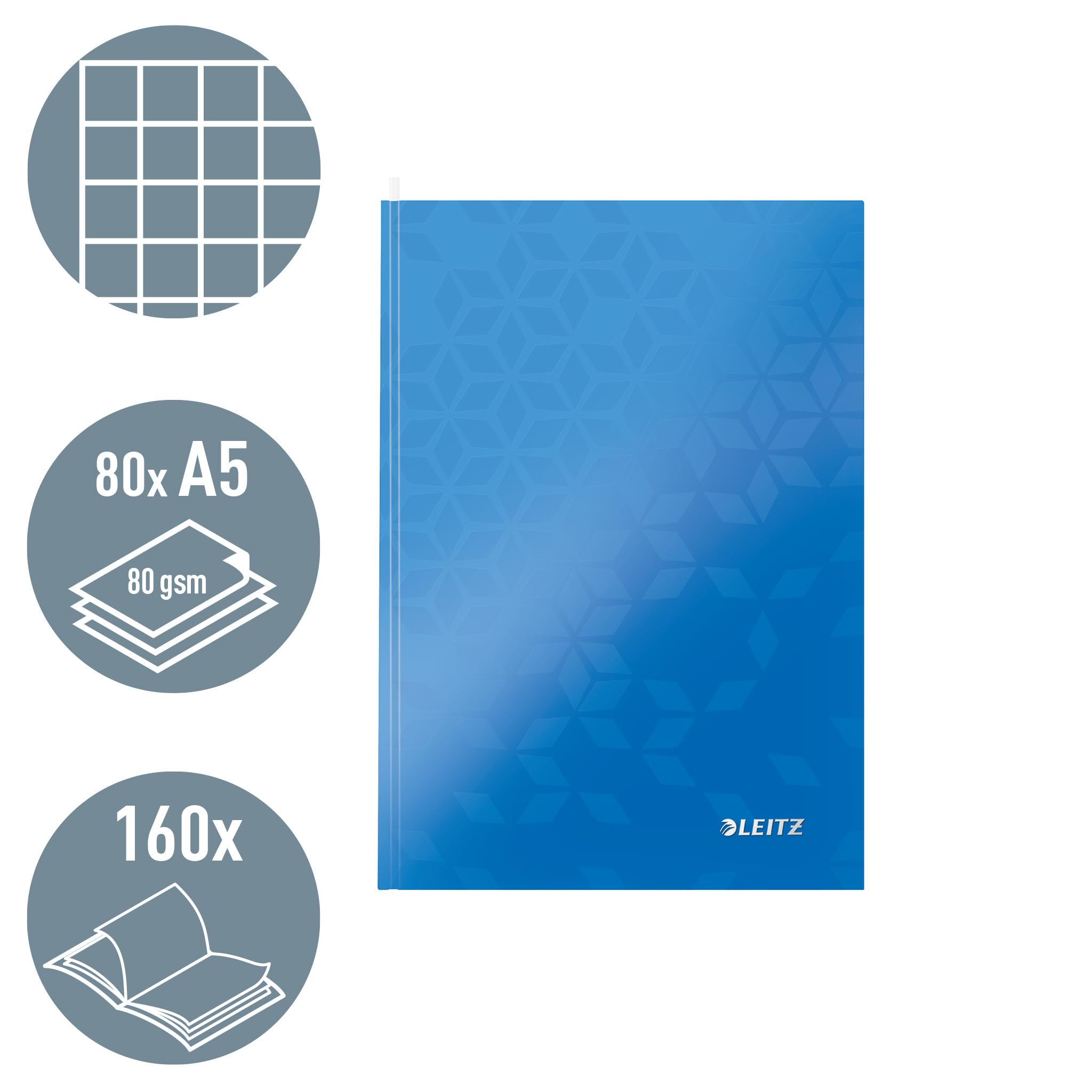Notatnik Leitz WOW A5 w kratkę, twarda oprawa, 160 stron, 80 arkuszy papieru z certyfikatem FSC (80 g/m²), oprawa nitkowa, do biura, szkoły lub jako pamiętnik, niebieski, 46281036