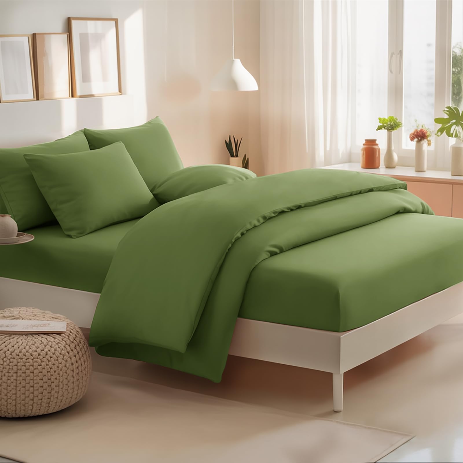 RUIKASI Bedding Double Bed Sets - 4 Piece Bedding Set Double Bed, Deep Pocket Fitted Sheet and Duvet Cover with Pillow cases, Soft Microfiber Duvet Set with Zipper, Olive Green โ image 1