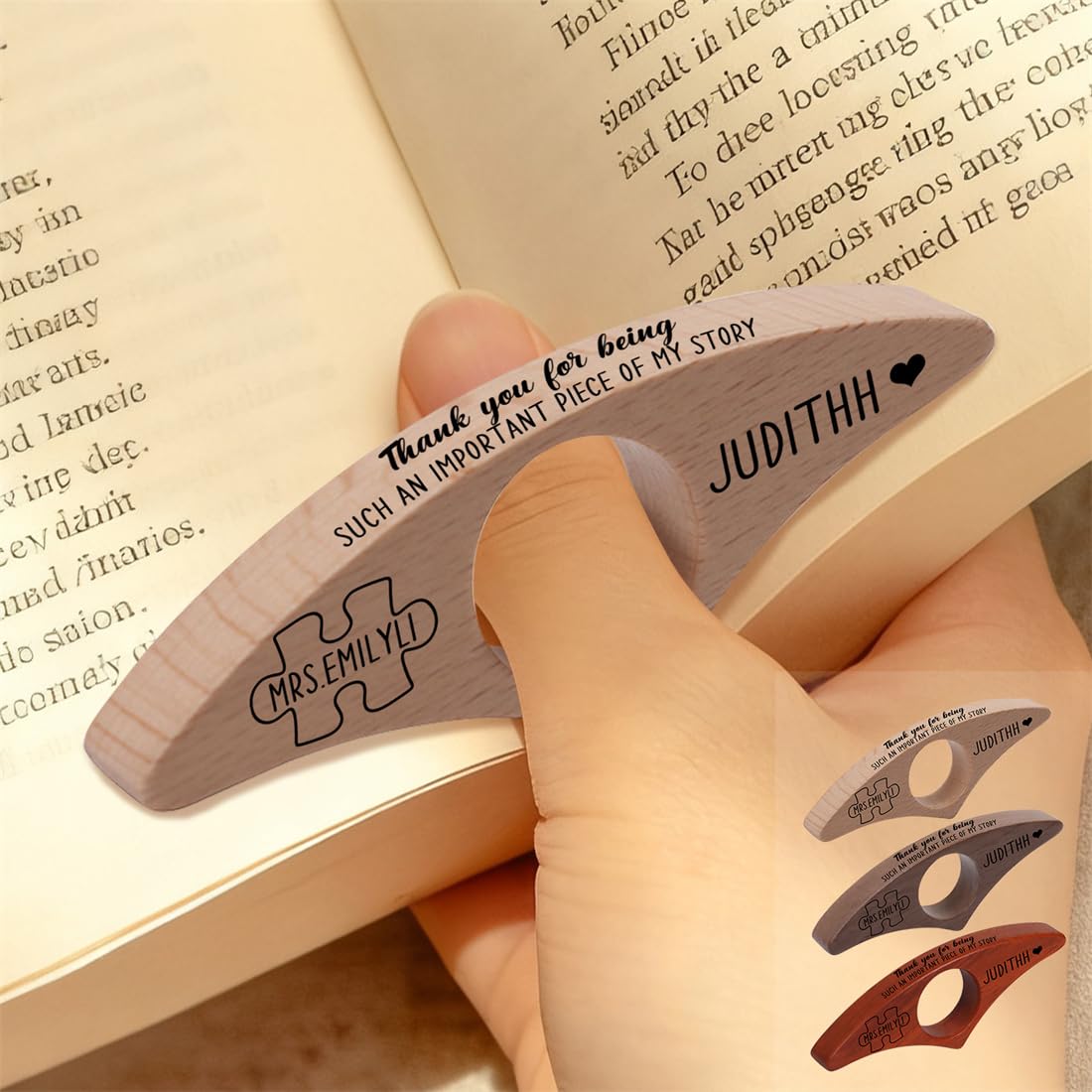 Personalised Thank You for Being Such an Important Piece of My Story Book Page Holder Custom Name Wood Thumb Page Spreader Holder for One-Handed Reading Gift for Book Lover Xmas (Style 6)