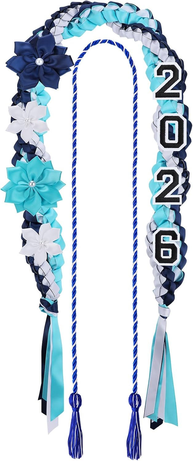 Cosweet Double Braided Graduation Lei with Honor Cord - Class of 2026 Ribbon Necklace Lei with 4 Satin Flowers, Graduation Gift Accessories for Women Men