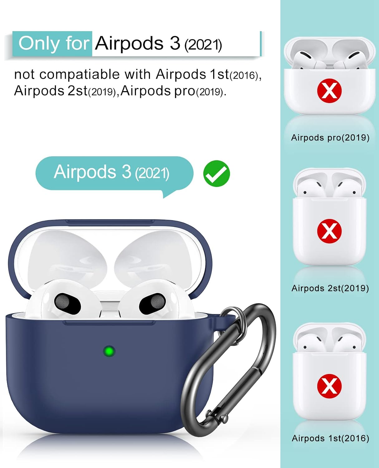 MARGE PLUS Compatible with Airpods 3 Case 2021, Shock-Absorbing Silicone Compatible with Airpods 3 Case Cover with Carabiner [Front LED Visible]