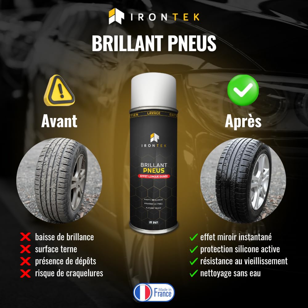 Lucidante Pneumatici Spray - IRONTEK - 500ml | IT247 | Alta Brillantezza | Protezione Lunga Durata | Anti Invecchiamento | Senza Aloni