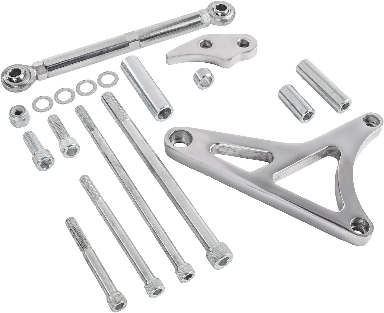 JEGS Alternator Bracket for 1987-1993 Ford Mustang 5.0L | Upper & Lower | Passenger Side | Cylinder Head Mount | Polished Billet Aluminum | Includes Rod Ends & Mounting Hardware