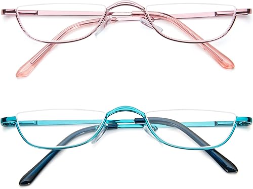 Miniatura 2 de KoKoBin Lentes de lectura de media lectura, paquete de 2 lentes con marco de metal de medio borde, lectores de bisagra de resorte con bolsa de cuero