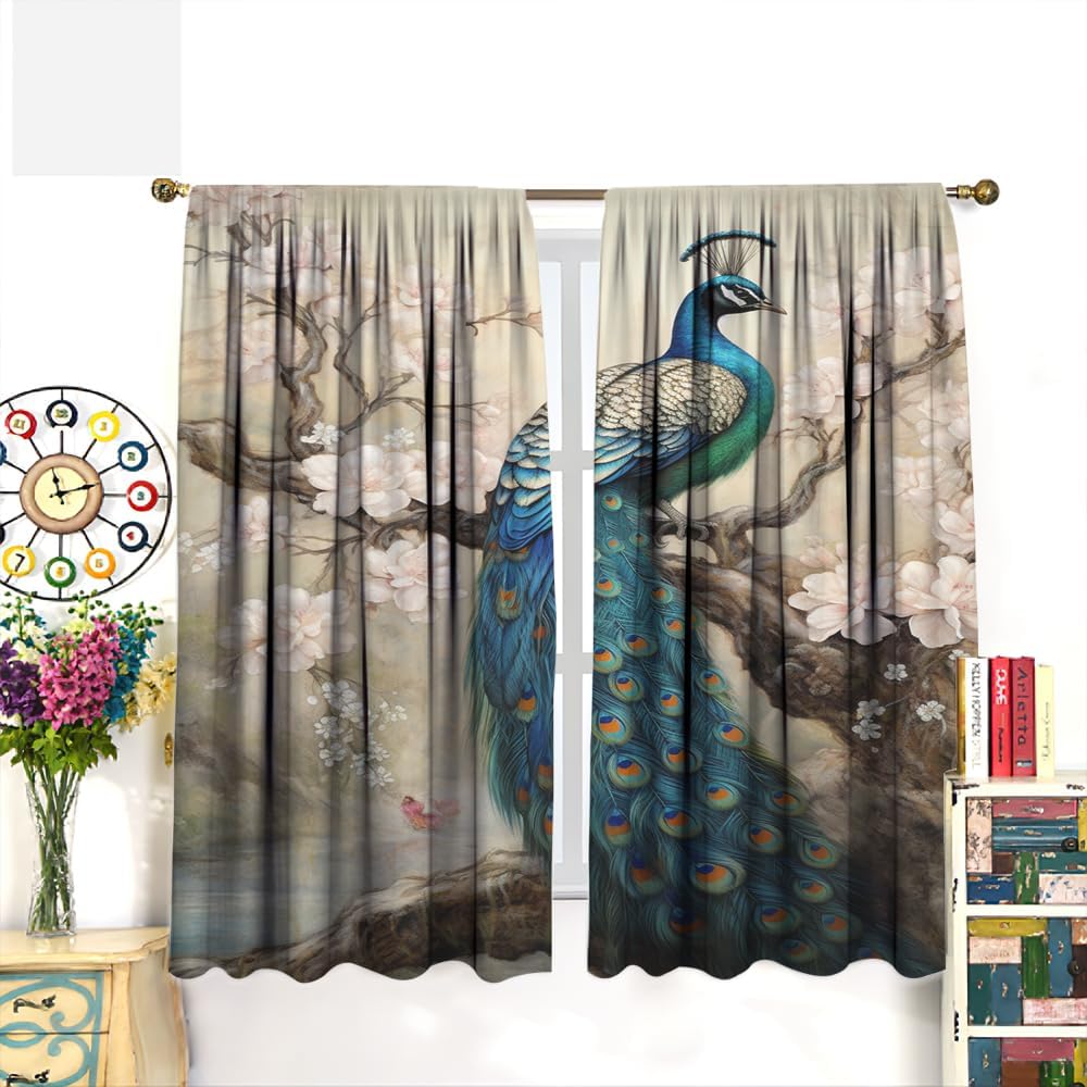 Modern Peacock Window Treatment Curtains Beautiful Animal Countryside Flower Abstract Blackout Drapes Thermal Insulated Curtain for Bedroom Living Room Home Decor 2 Panels, Each 21 W x 45 L inch