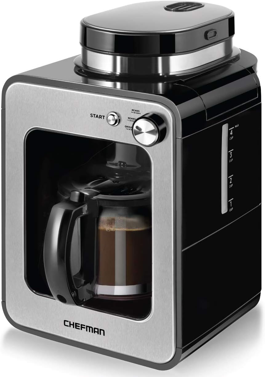 Chefman Grind and Brew 4 Cup Coffee Maker and Grinder, Compatible w/ Fresh Beans and Grounds, Adjustable Strength Settings, Washable Coffee Filter & Scoop Included, Compact, Black/Stainless Steel