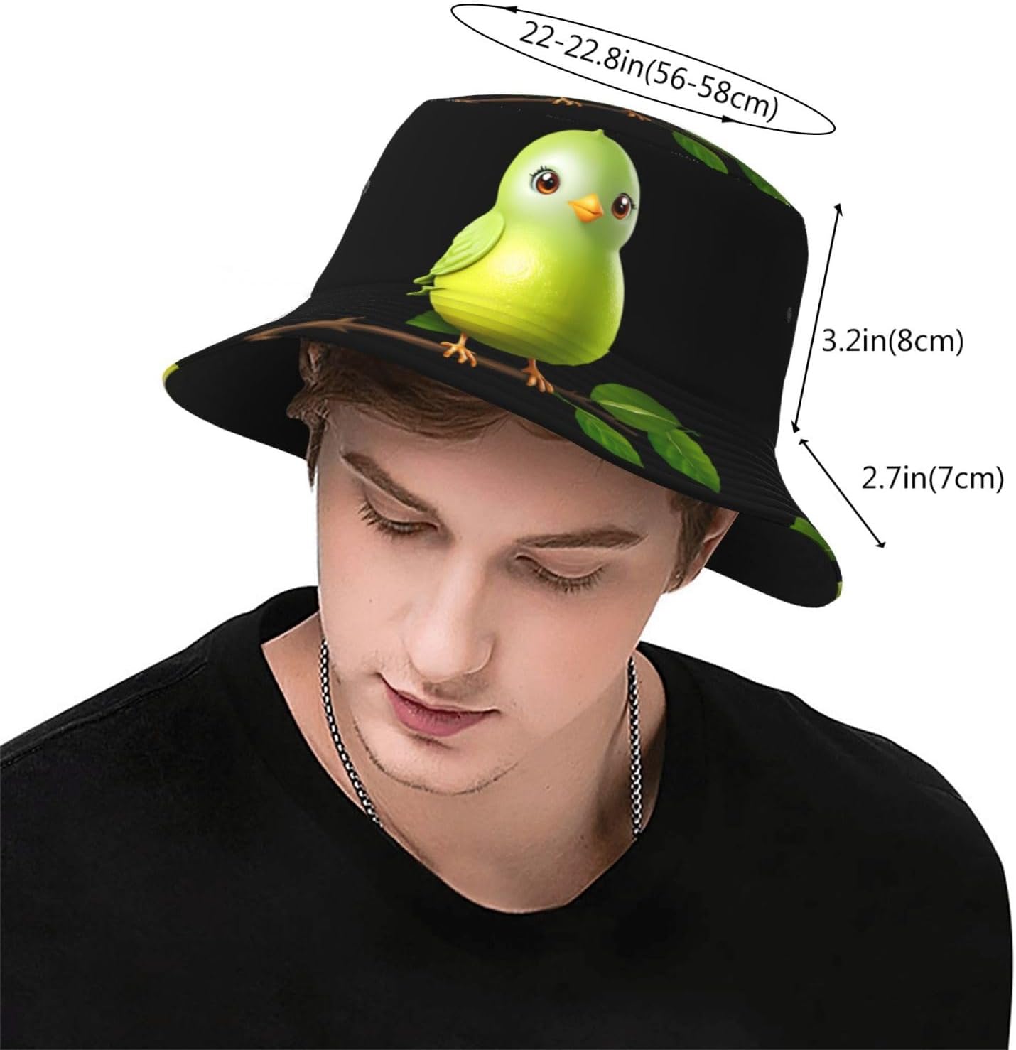Lime Bird Prints Summer Outdoor Travel Bucket hat, a Beach Sun hat Suitable for Both Men and Women