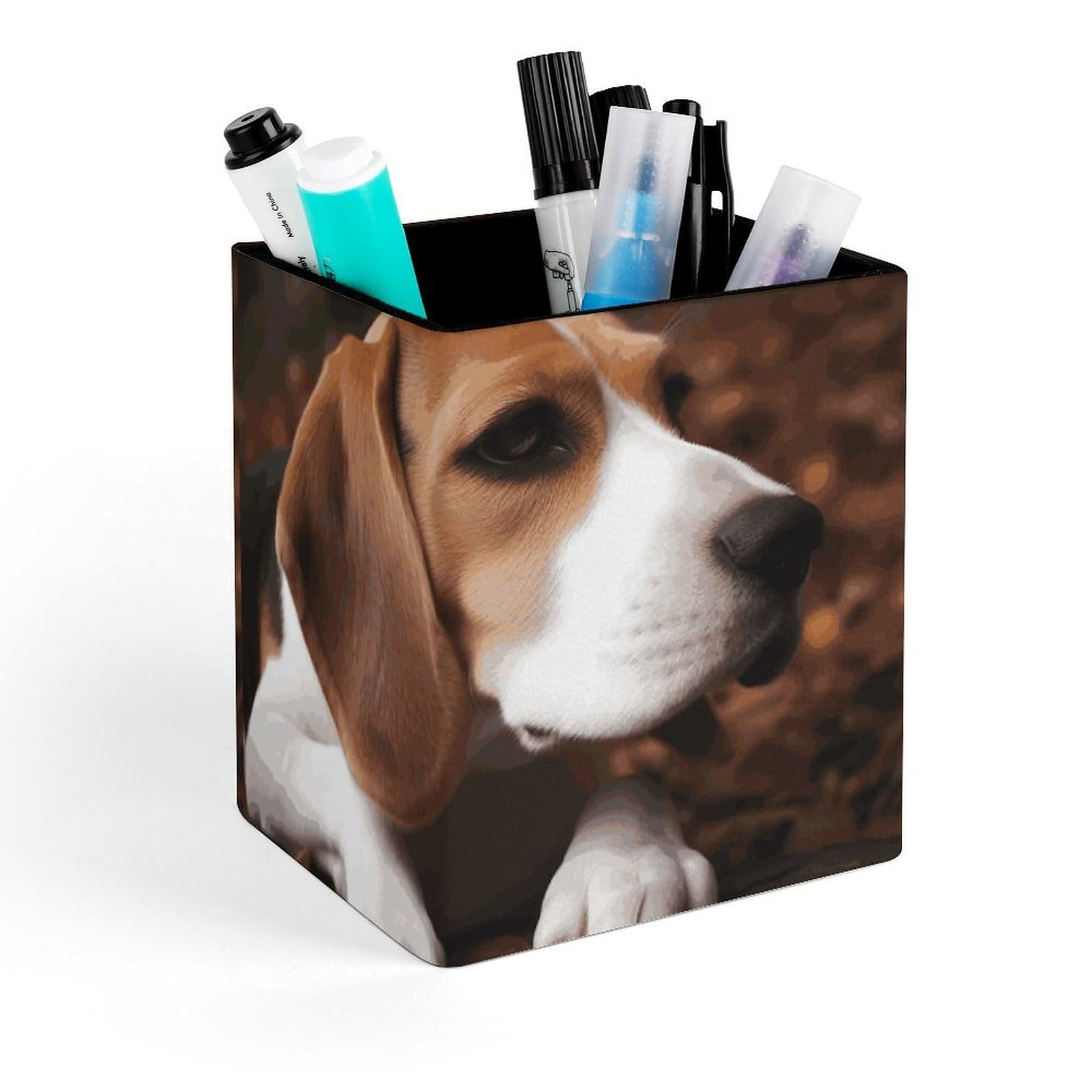 DWVTSLH Aesthetic Pen Holder for Desk - Modern Leather Pencil Holder - Stylish Square Makeup Brush Holder - Cute Beagle Pen Cup Cute And Functional Desk Organizer for Office Supplies