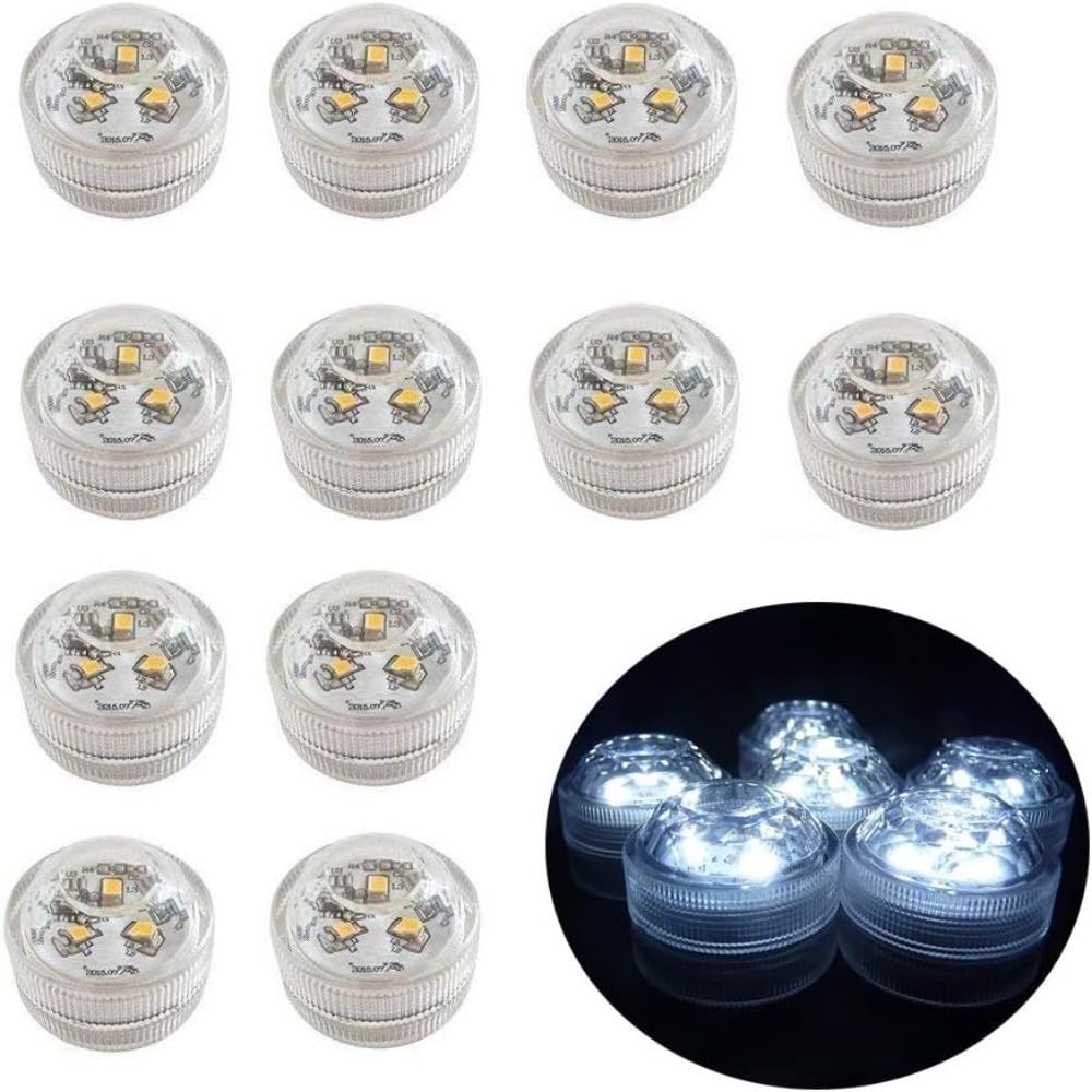 XingYunMaiQiu 12pcs Flameless LED Tea Lights - Waterproof Submersible Battery Candles for Vase Centerpieces, Wedding Decor & Fish Tanks (Warm White) (Cold Light)